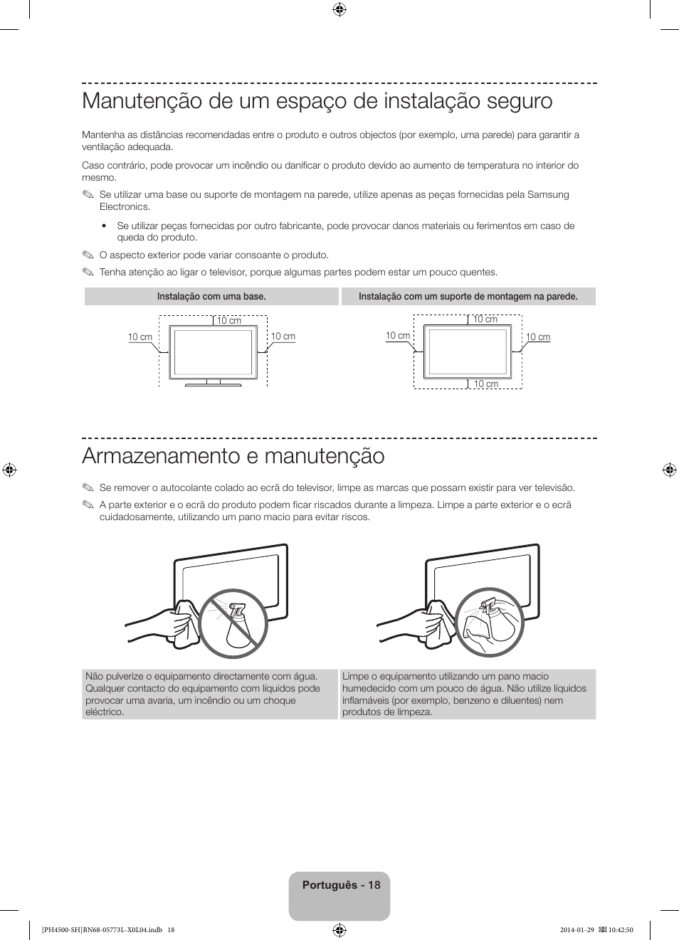 Manutenção de um espaço de instalação seguro, Armazenamento e manutenção | Samsung PS51F4500AW User Manual | Page 84 / 89