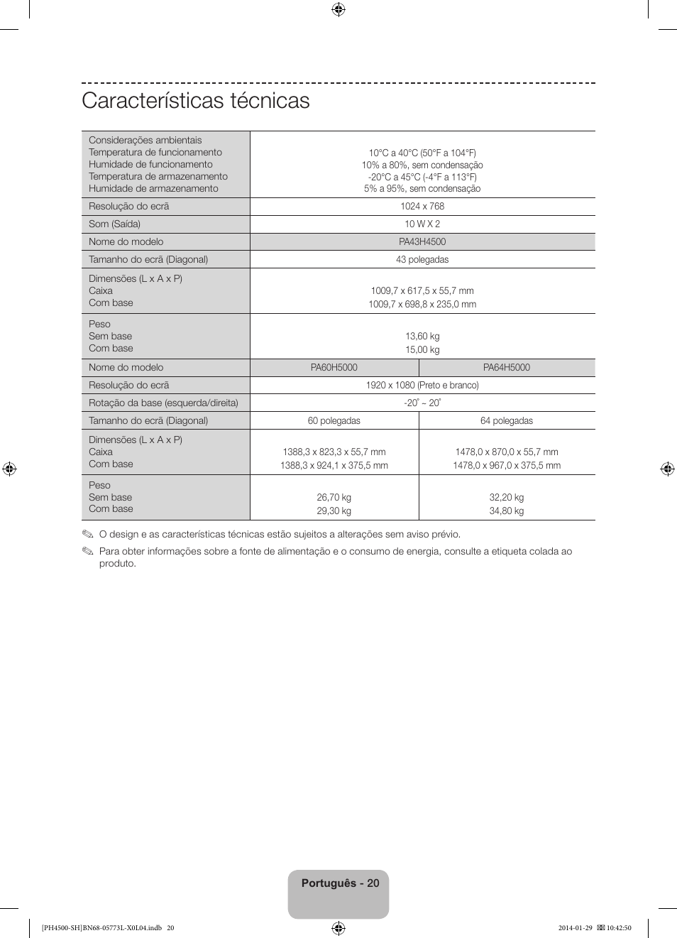 Características técnicas | Samsung PS51F4500AW User Manual | Page 86 / 89