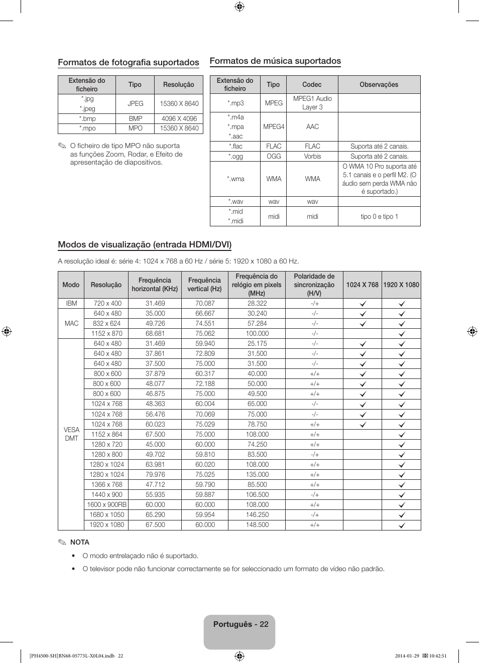 Formatos de fotografia suportados, Formatos de música suportados, Modos de visualização (entrada hdmi/dvi) | Samsung PS51F4500AW User Manual | Page 88 / 89
