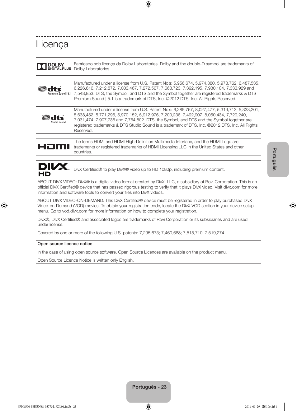 Licença | Samsung PS51F4500AW User Manual | Page 89 / 89