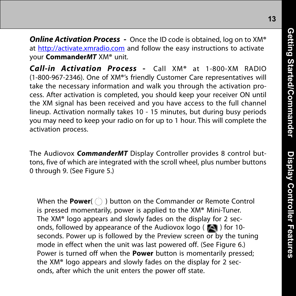 Commandermt display controller features, Power on/off | Audiovox Commander MT XMRVRFM002 User Manual | Page 13 / 64