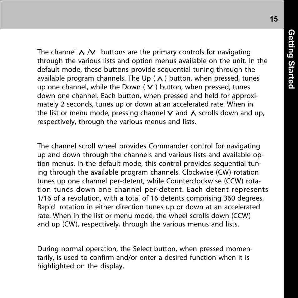 Channel up/down buttons (remote control), Mt channel scroll wheel, Select (xm) button | Commander | Audiovox Commander MT XMRVRFM002 User Manual | Page 15 / 64