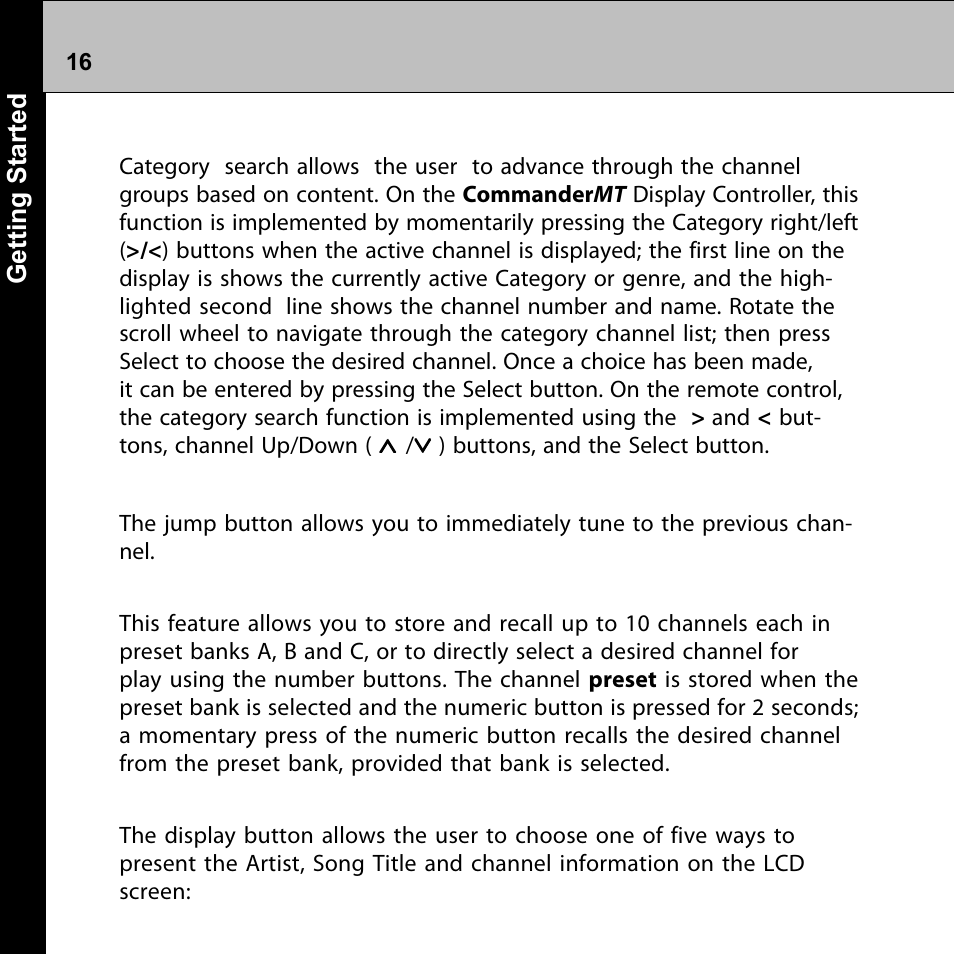 Category search, Jump button, Preset/direct (p/d) button | Display button | Audiovox Commander MT XMRVRFM002 User Manual | Page 16 / 64