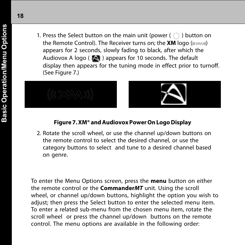 Menu options, Check antenna | Audiovox Commander MT XMRVRFM002 User Manual | Page 18 / 64