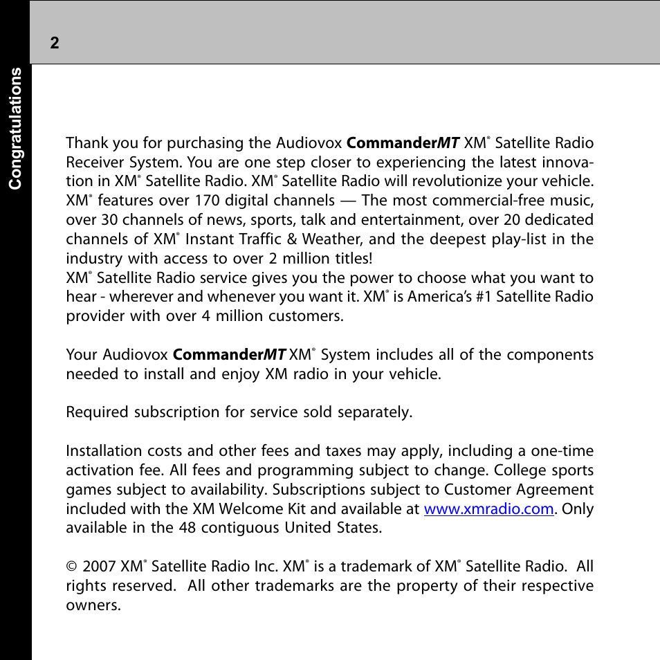 Audiovox Commander MT XMRVRFM002 User Manual | Page 2 / 64