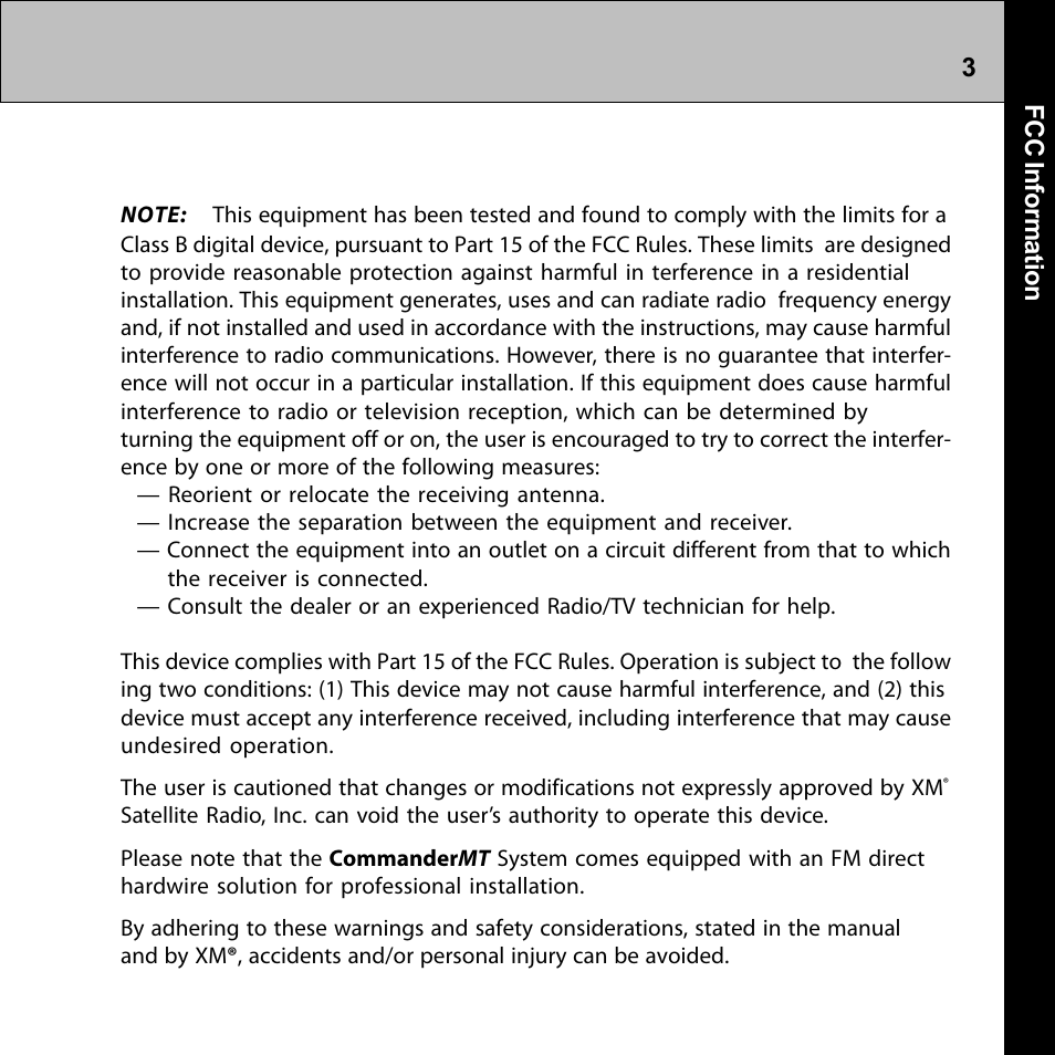 Fcc information | Audiovox Commander MT XMRVRFM002 User Manual | Page 3 / 64