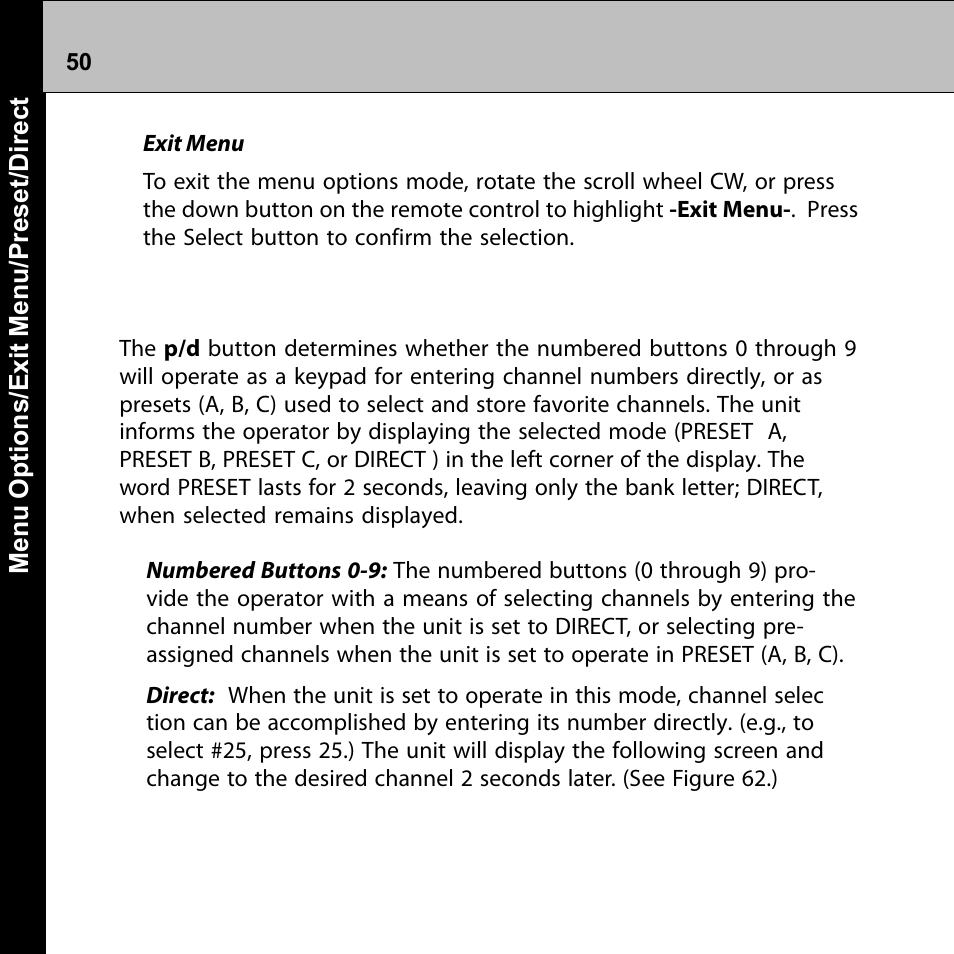 Preset / direct (p/d) | Audiovox Commander MT XMRVRFM002 User Manual | Page 50 / 64