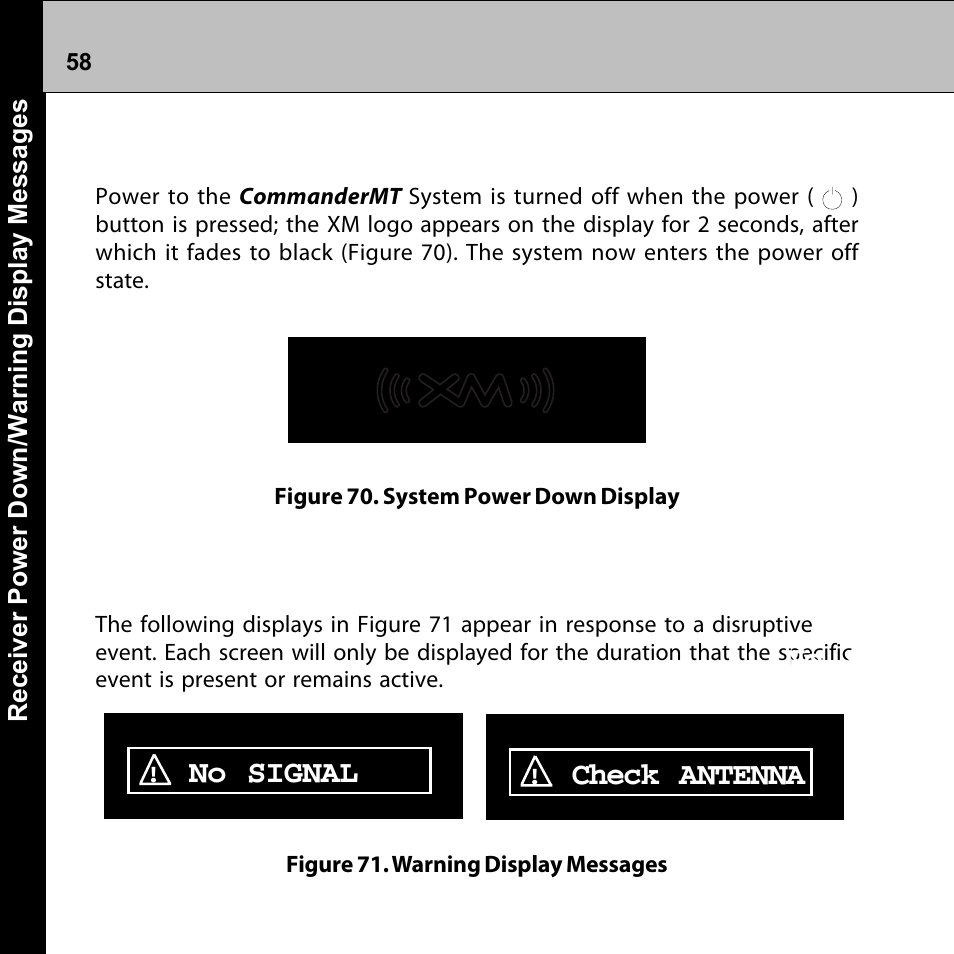 Warning display messages, System power down | Audiovox Commander MT XMRVRFM002 User Manual | Page 58 / 64