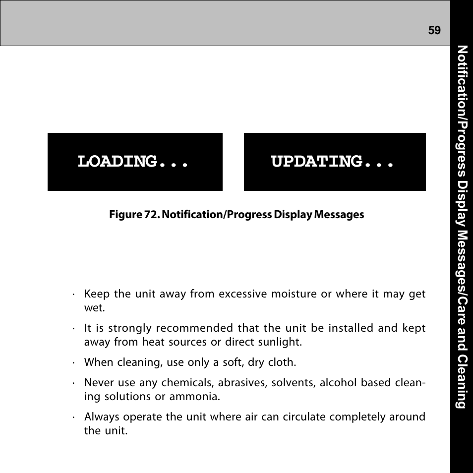 Care and cleaning, Loading... updating, Notification/progress display messages | Audiovox Commander MT XMRVRFM002 User Manual | Page 59 / 64