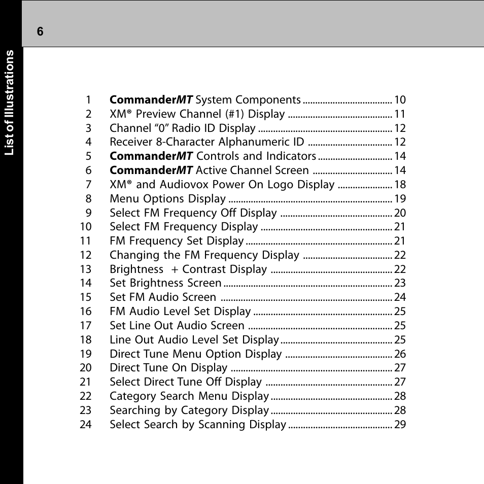 List of illustrations | Audiovox Commander MT XMRVRFM002 User Manual | Page 6 / 64