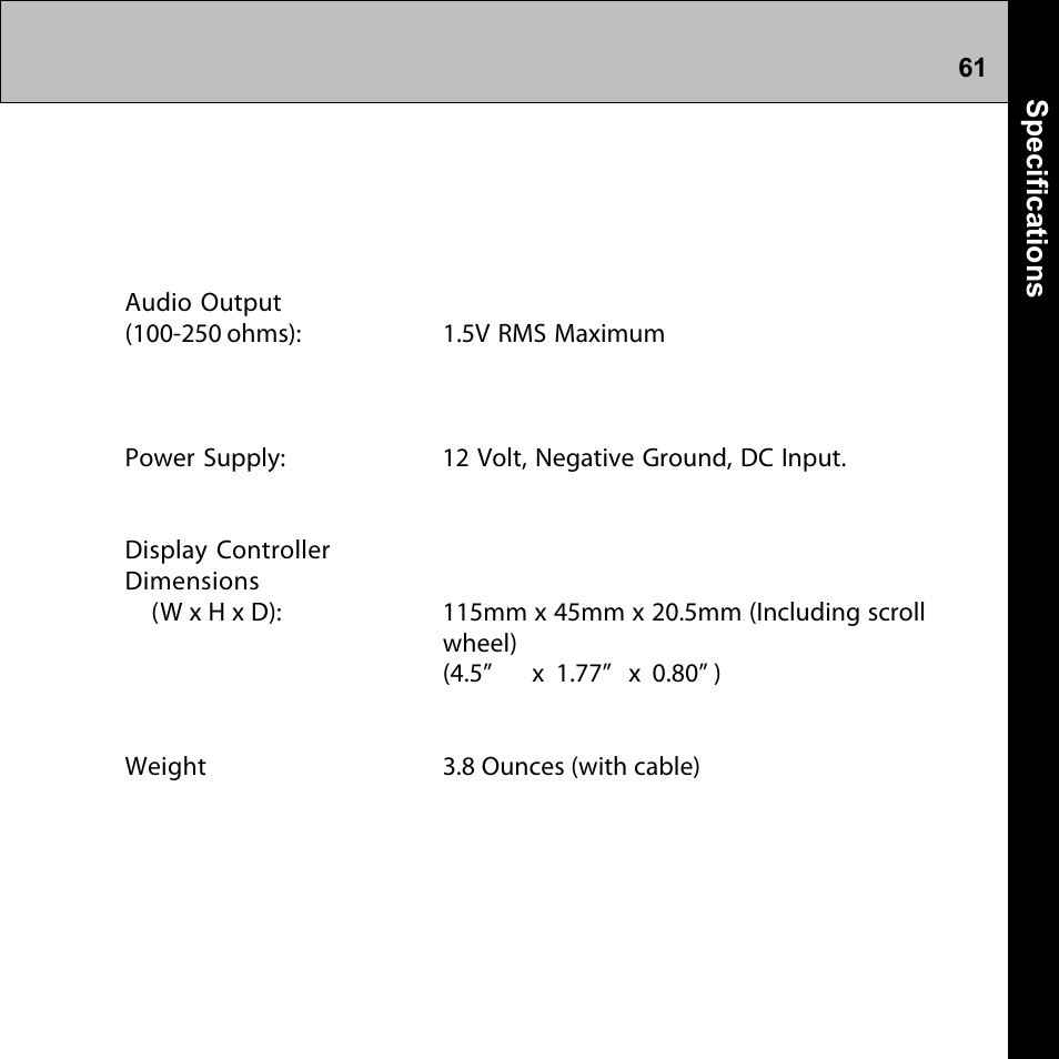 Specifications | Audiovox Commander MT XMRVRFM002 User Manual | Page 61 / 64