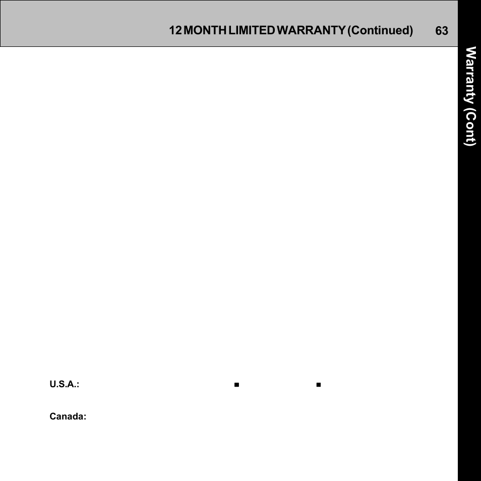 Warranty (cont), 12 month limited warranty (continued) | Audiovox Commander MT XMRVRFM002 User Manual | Page 63 / 64