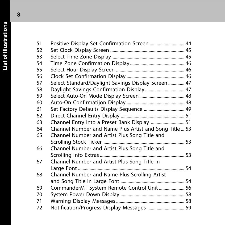 List of illustrations (cont) | Audiovox Commander MT XMRVRFM002 User Manual | Page 8 / 64