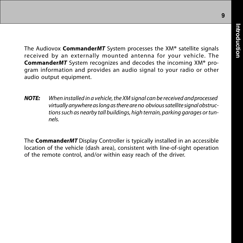 Introduction | Audiovox Commander MT XMRVRFM002 User Manual | Page 9 / 64