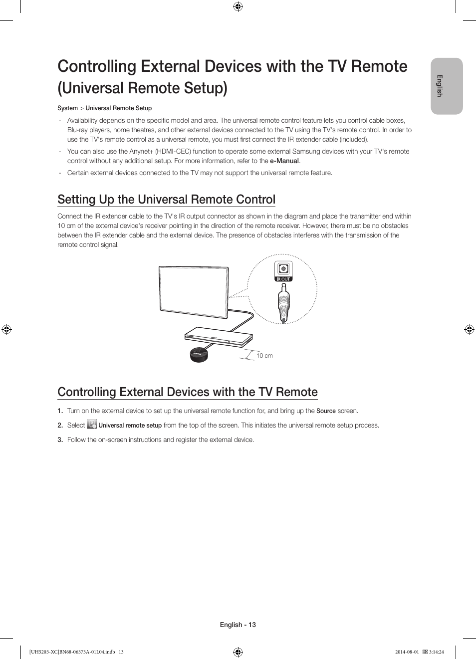 Controlling external devices with the tv remote, Universal remote setup, Setting up the universal remote control | Samsung UE58H5203AW User Manual | Page 13 / 81