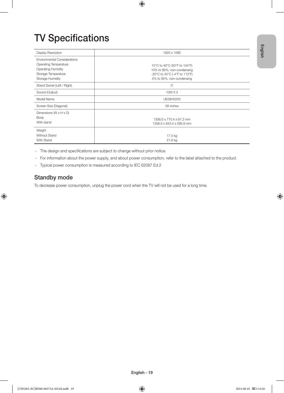Tv specifications, Standby mode | Samsung UE58H5203AW User Manual | Page 19 / 81