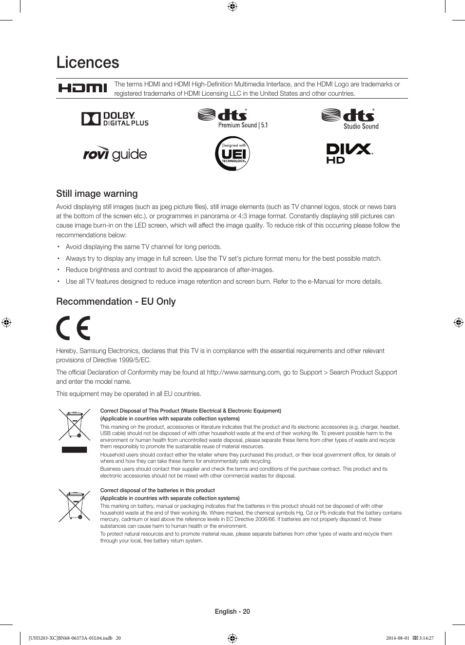 Licences, Still image warning, Recommendation - eu only | Samsung UE58H5203AW User Manual | Page 20 / 81