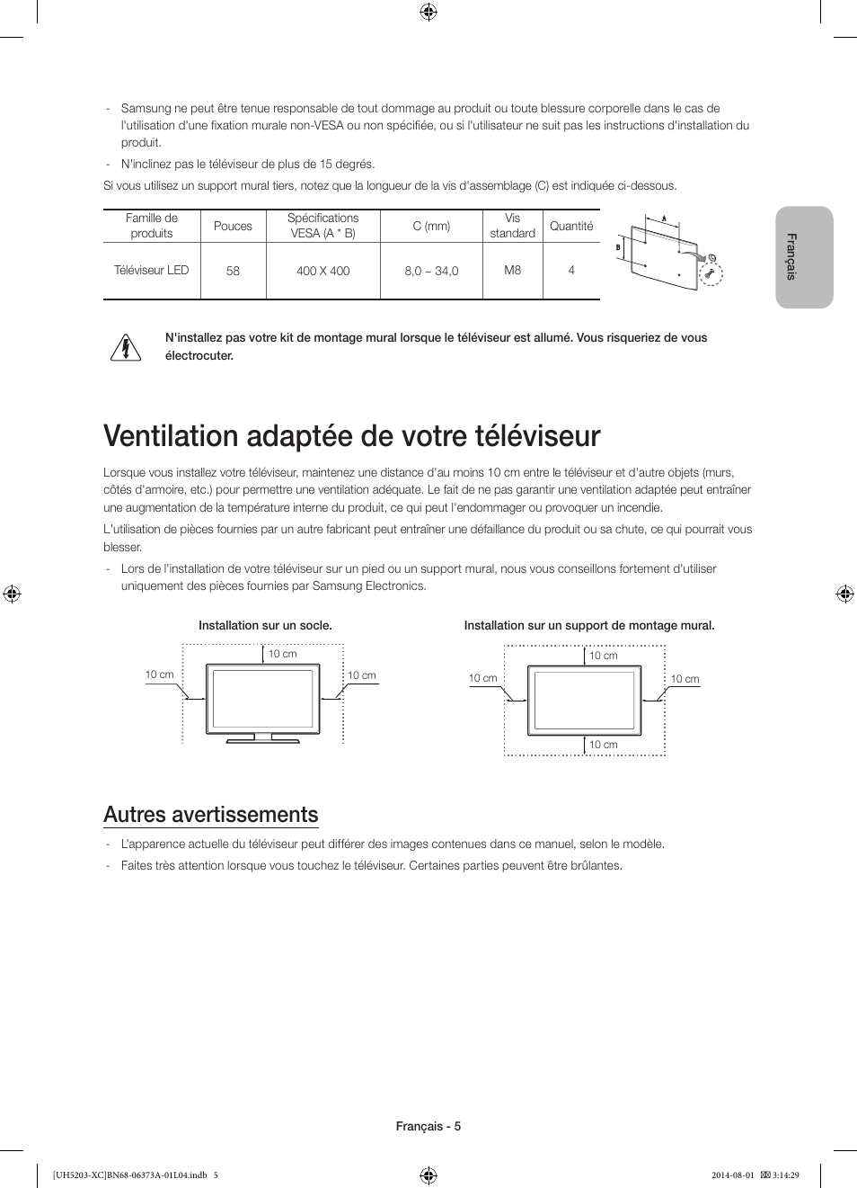 Ventilation adaptée de votre téléviseur, Autres avertissements | Samsung UE58H5203AW User Manual | Page 25 / 81