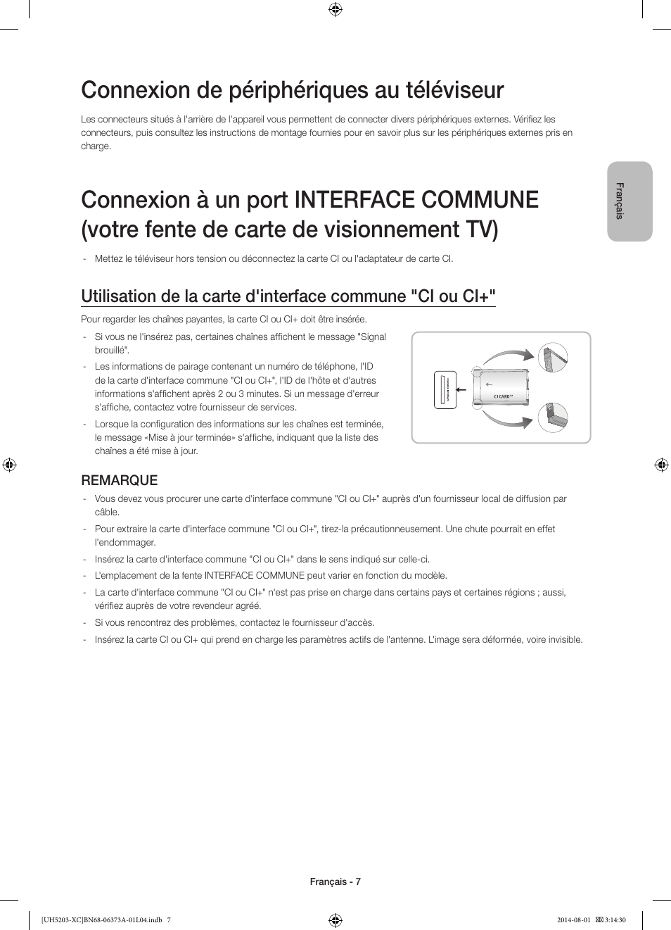 Connexion de périphériques au téléviseur, Remarque | Samsung UE58H5203AW User Manual | Page 27 / 81