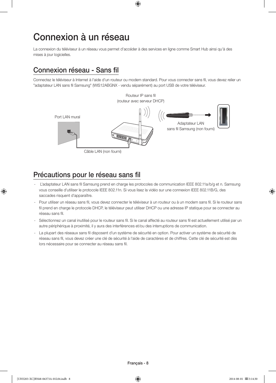 Connexion à un réseau, Connexion réseau - sans fil, Précautions pour le réseau sans fil | Samsung UE58H5203AW User Manual | Page 28 / 81