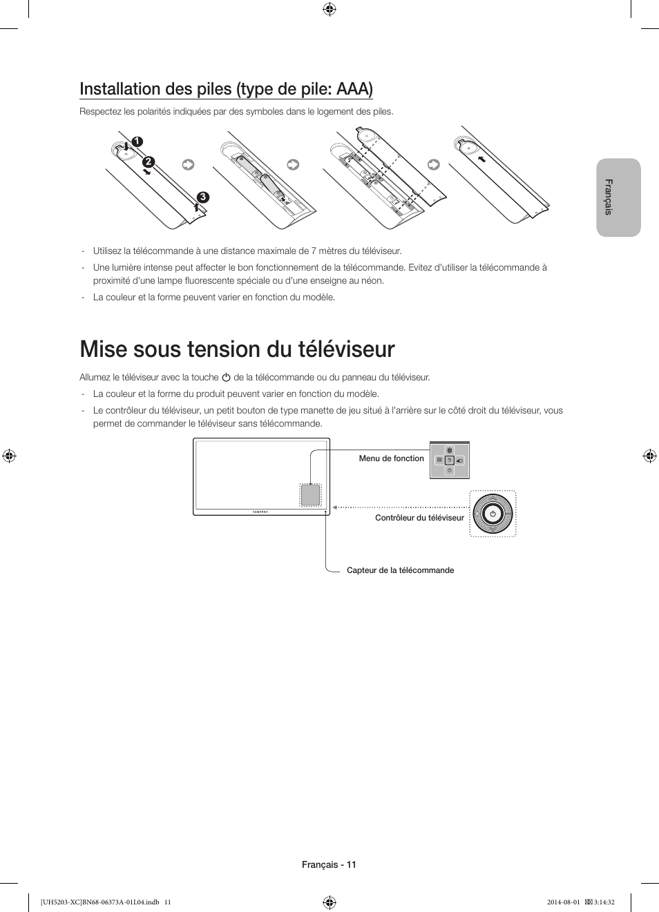 Mise sous tension du téléviseur, Installation des piles (type de pile: aaa) | Samsung UE58H5203AW User Manual | Page 31 / 81