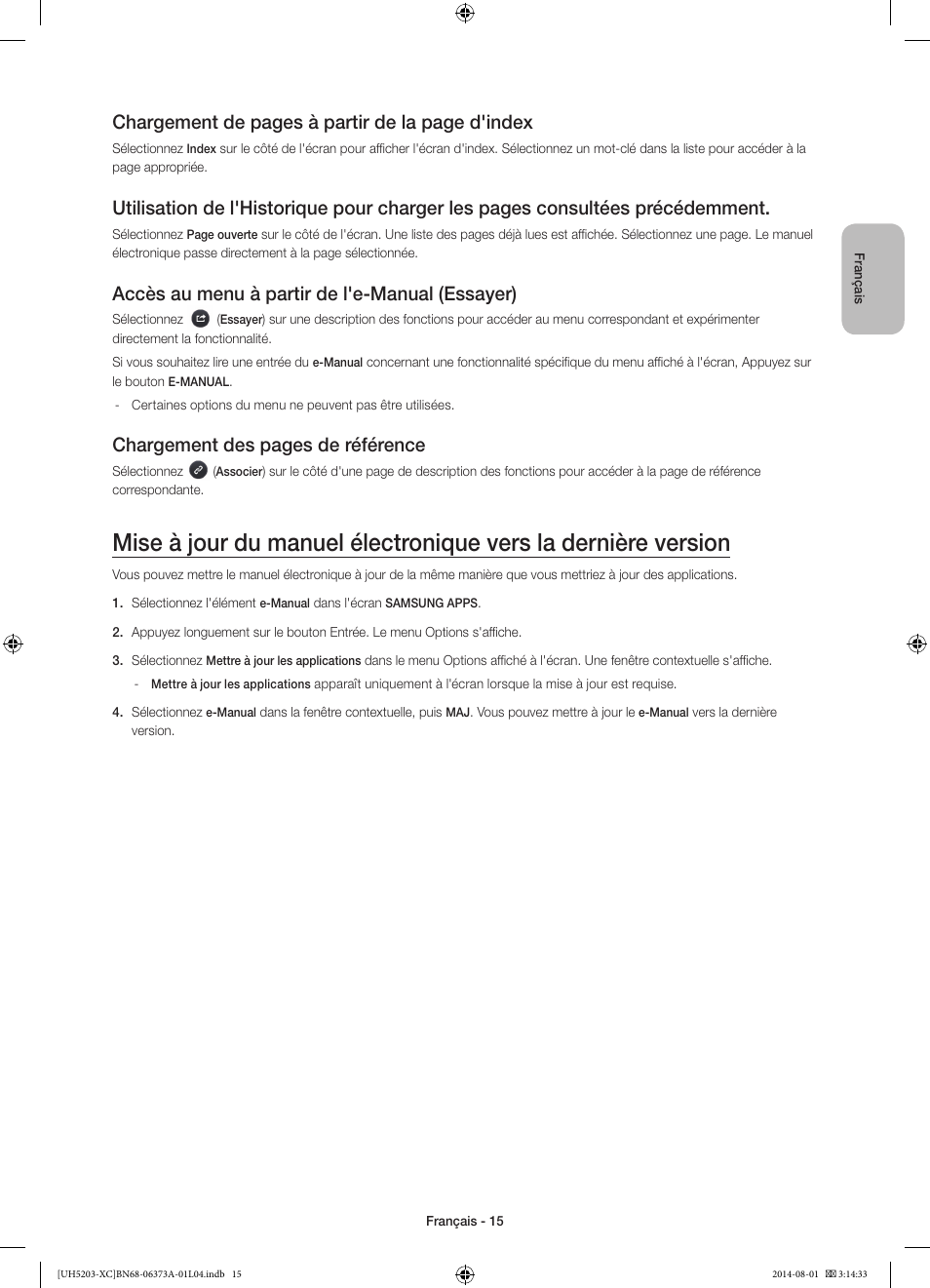 Chargement de pages à partir de la page d'index, Accès au menu à partir de l'e-manual (essayer), Chargement des pages de référence | Samsung UE58H5203AW User Manual | Page 35 / 81