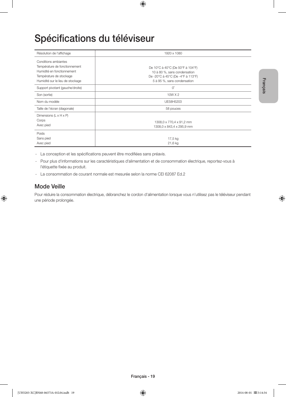 Spécifications du téléviseur, Mode veille | Samsung UE58H5203AW User Manual | Page 39 / 81
