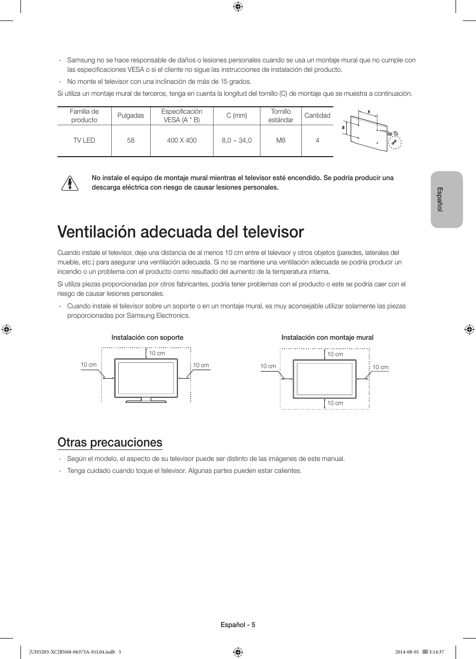 Ventilación adecuada del televisor, Otras precauciones | Samsung UE58H5203AW User Manual | Page 45 / 81
