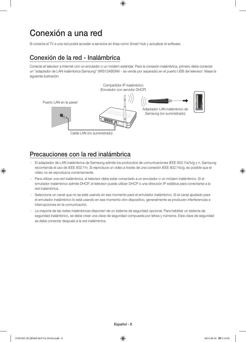 Conexión a una red, Conexión de la red - inalámbrica, Precauciones con la red inalámbrica | Samsung UE58H5203AW User Manual | Page 48 / 81