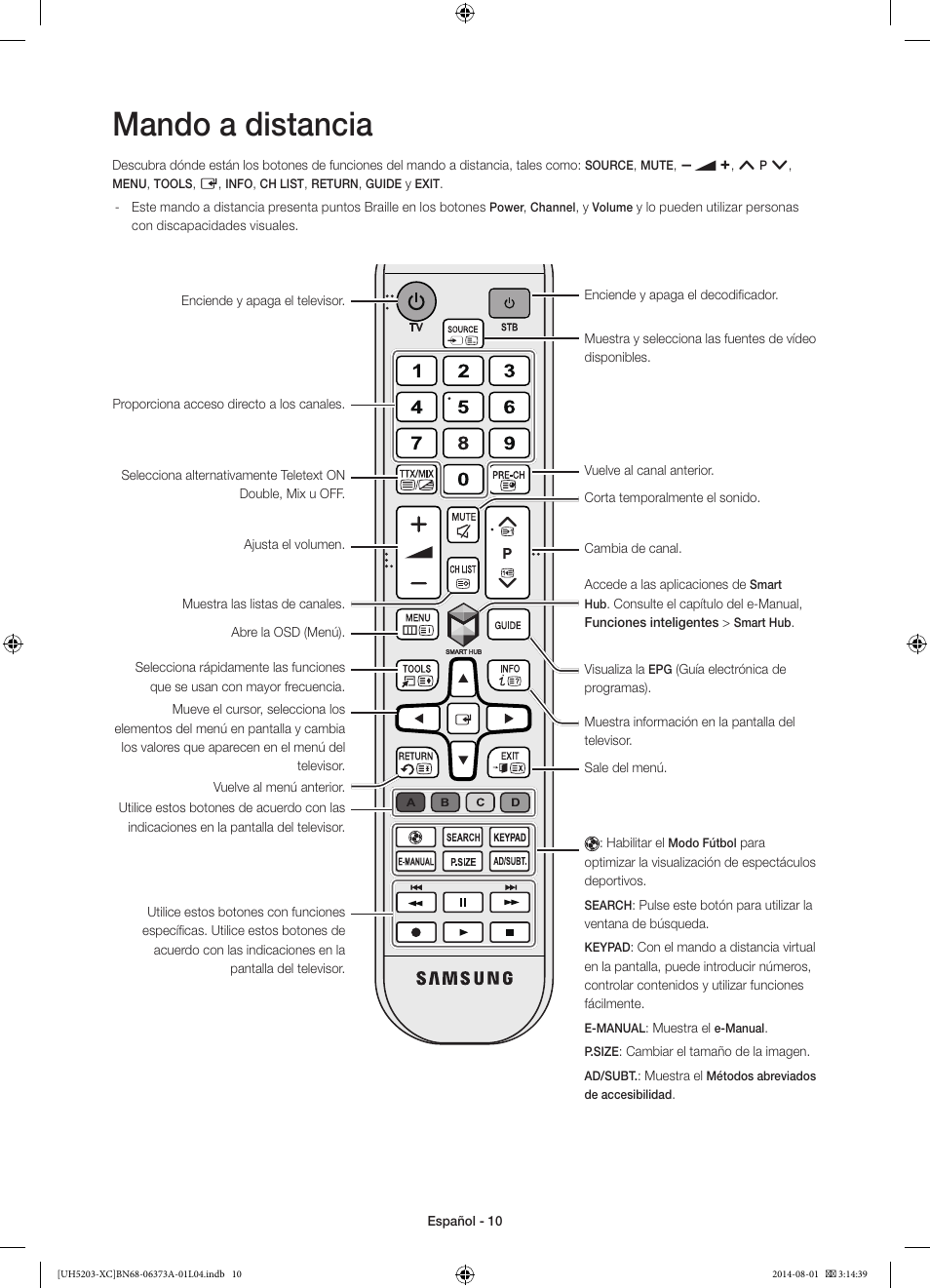 Mando a distancia | Samsung UE58H5203AW User Manual | Page 50 / 81