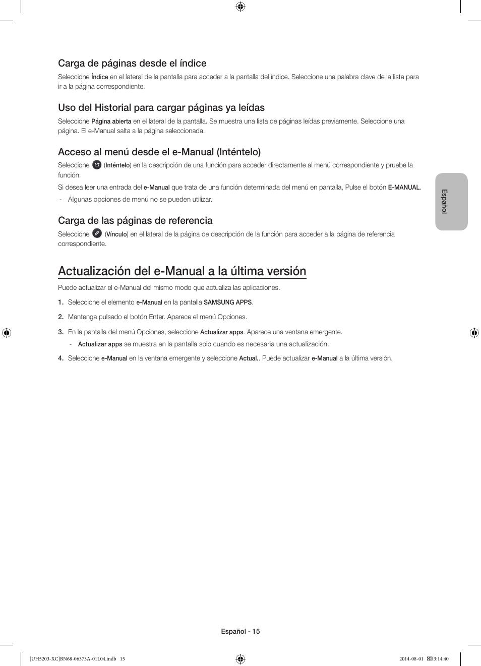 Actualización del e-manual a la última versión, Carga de páginas desde el índice, Uso del historial para cargar páginas ya leídas | Acceso al menú desde el e-manual (inténtelo), Carga de las páginas de referencia | Samsung UE58H5203AW User Manual | Page 55 / 81