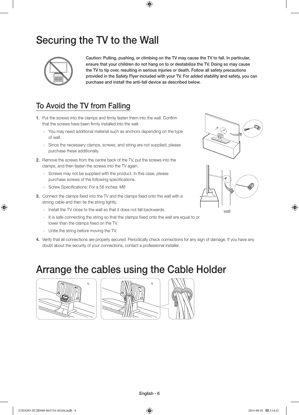 Securing the tv to the wall, Arrange the cables using the cable holder | Samsung UE58H5203AW User Manual | Page 6 / 81