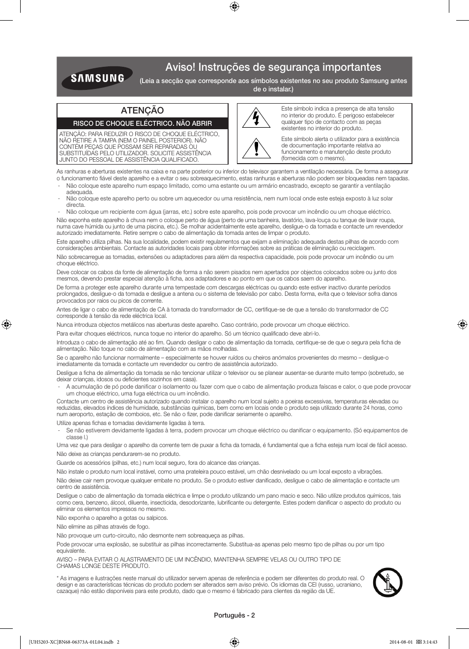 Aviso! instruções de segurança importantes, Atenção | Samsung UE58H5203AW User Manual | Page 62 / 81