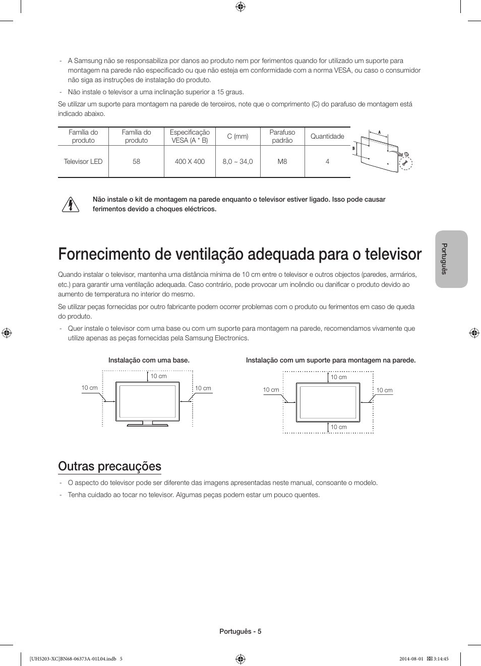 Outras precauções | Samsung UE58H5203AW User Manual | Page 65 / 81