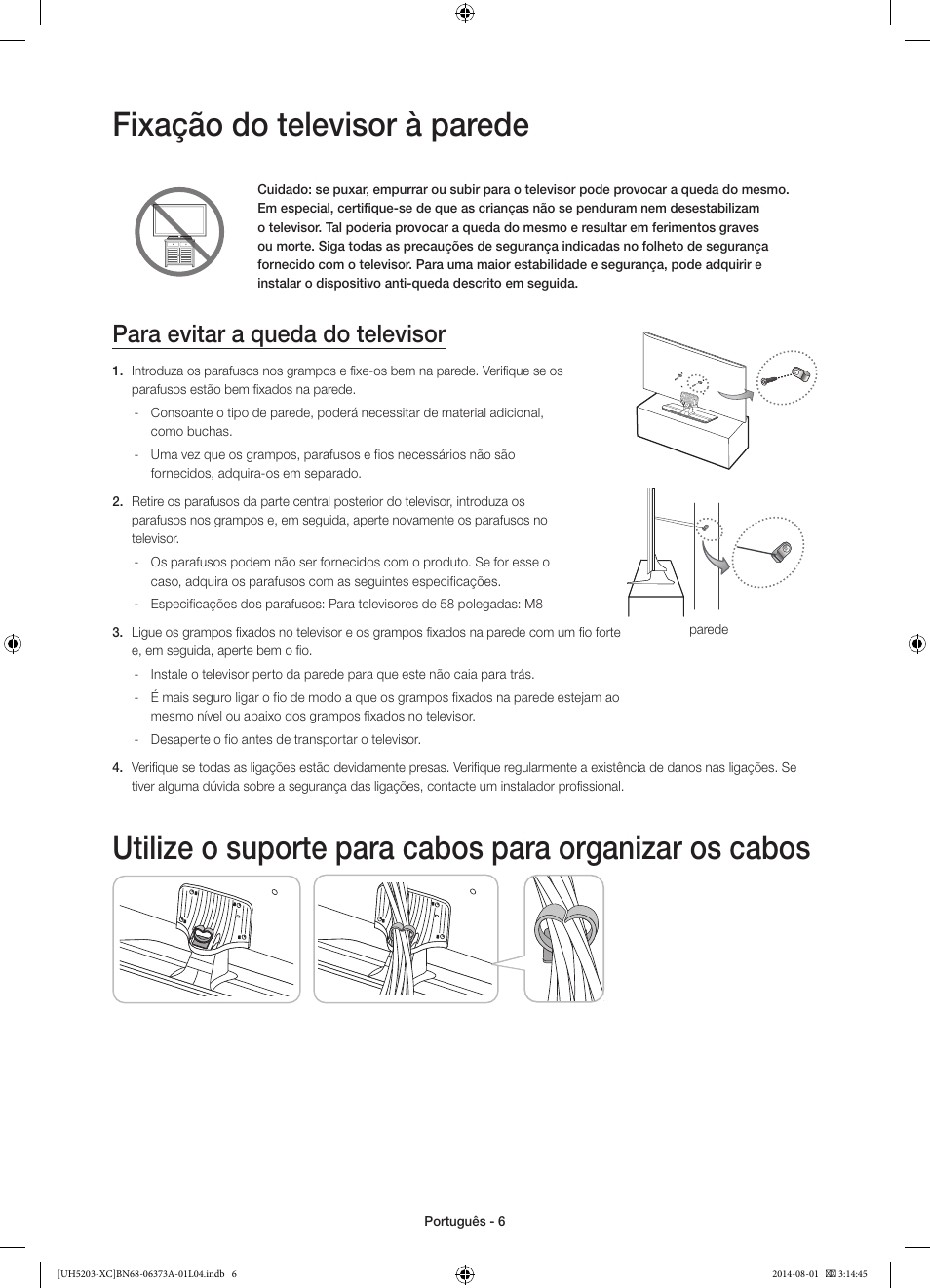 Fixação do televisor à parede, Para evitar a queda do televisor | Samsung UE58H5203AW User Manual | Page 66 / 81