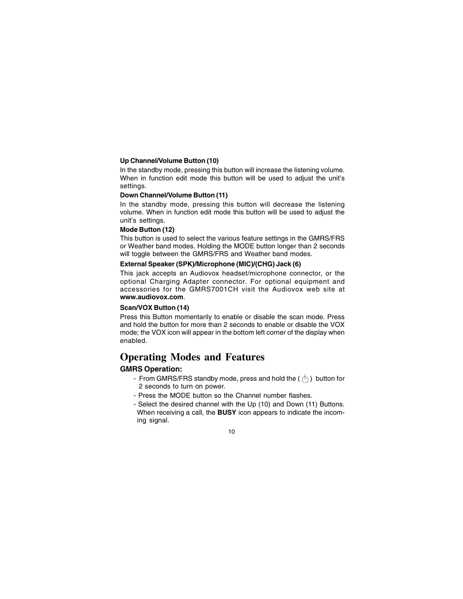Operating modes and features | Audiovox GMRS7001CH User Manual | Page 10 / 24