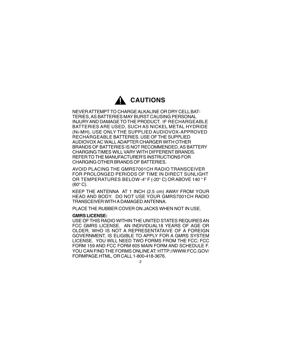 Cautions | Audiovox GMRS7001CH User Manual | Page 2 / 24