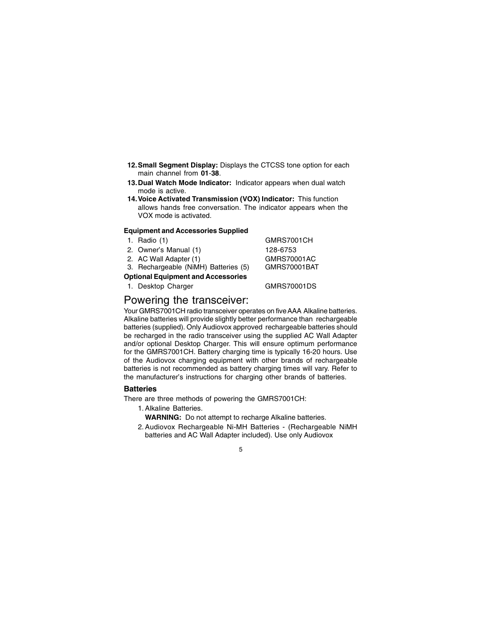 Powering the transceiver | Audiovox GMRS7001CH User Manual | Page 5 / 24