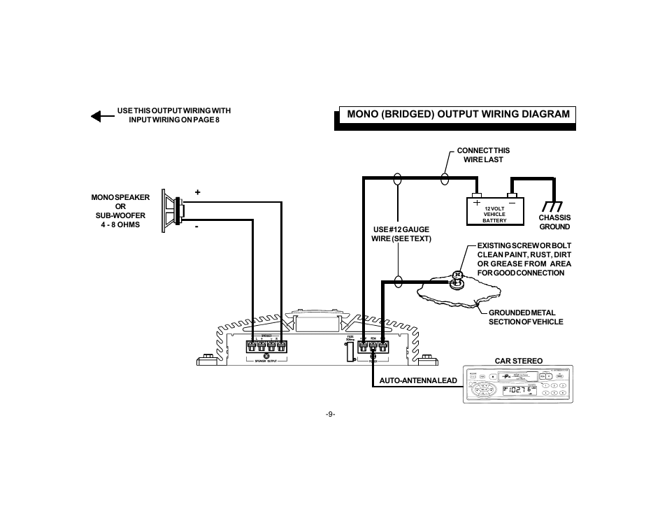 Mono (bridged) output wiring diagram | Audiovox PA-S250 User Manual | Page 11 / 16