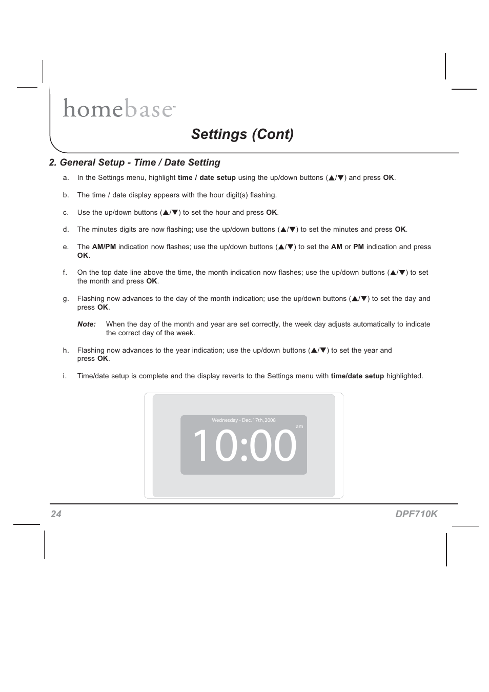 Settings (cont) | Audiovox HOMEBASE DPF710K User Manual | Page 24 / 32