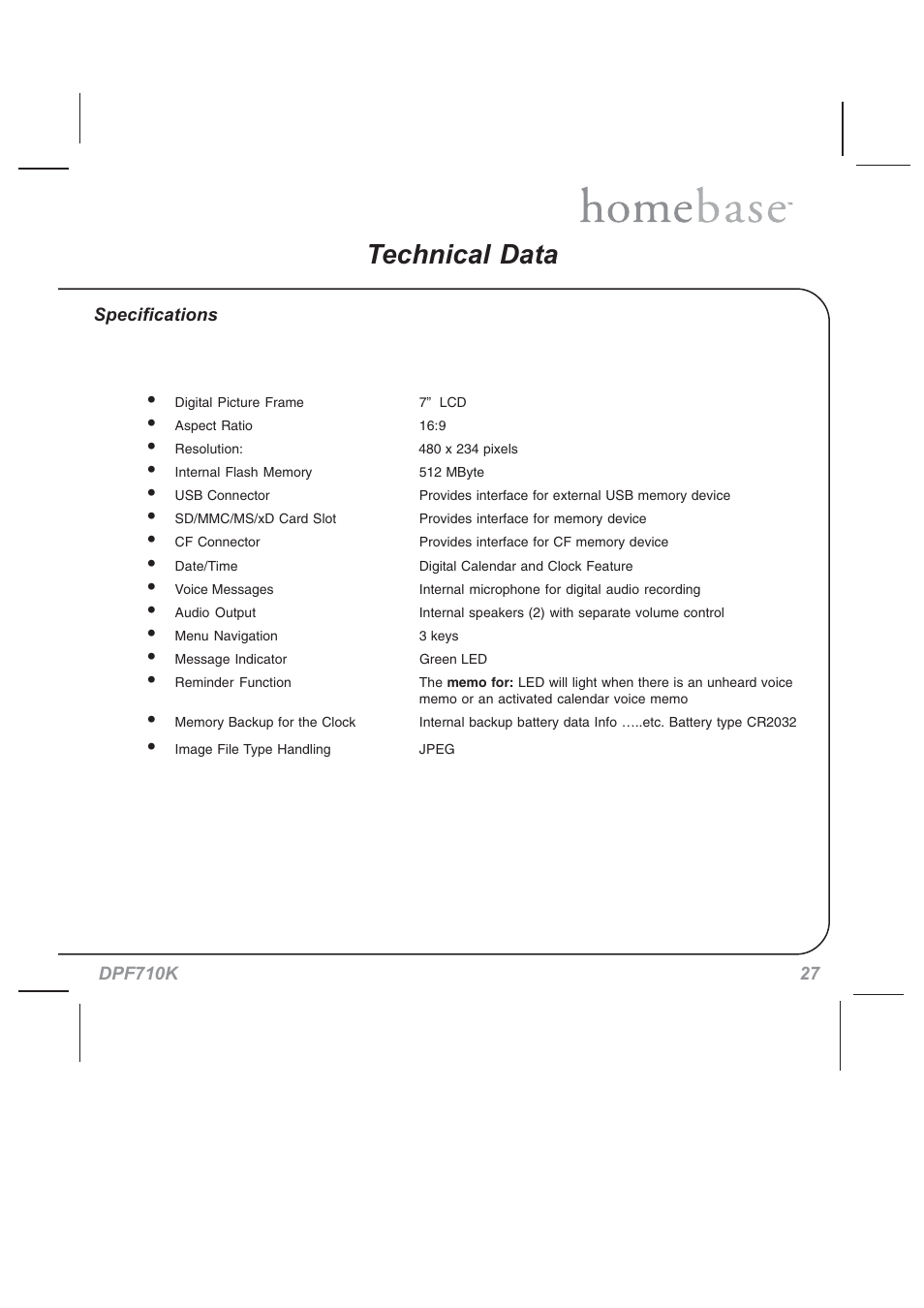 Technical data, Specifications | Audiovox HOMEBASE DPF710K User Manual | Page 27 / 32