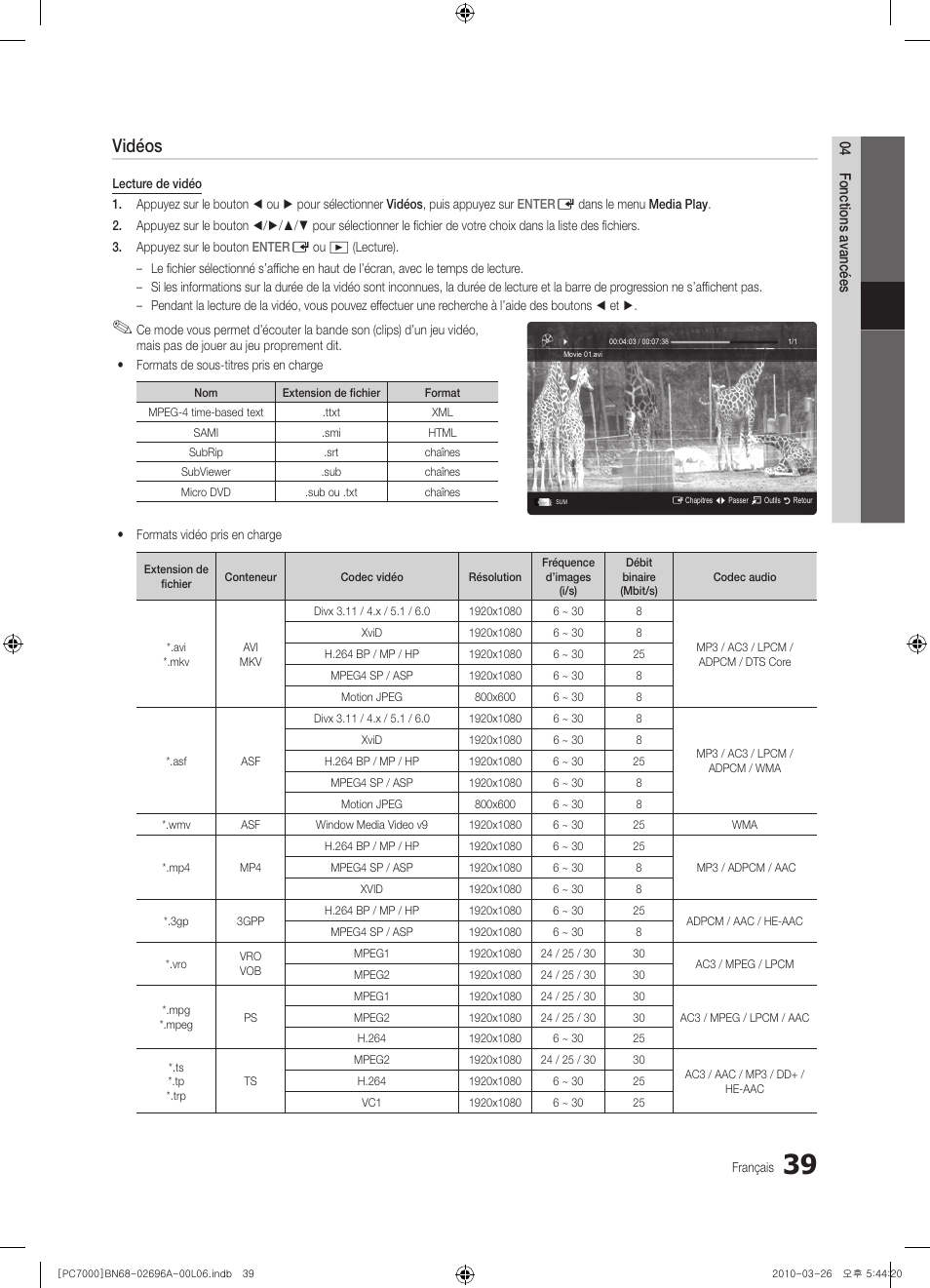 Vidéos | Samsung PS50C7000YW User Manual | Page 101 / 373