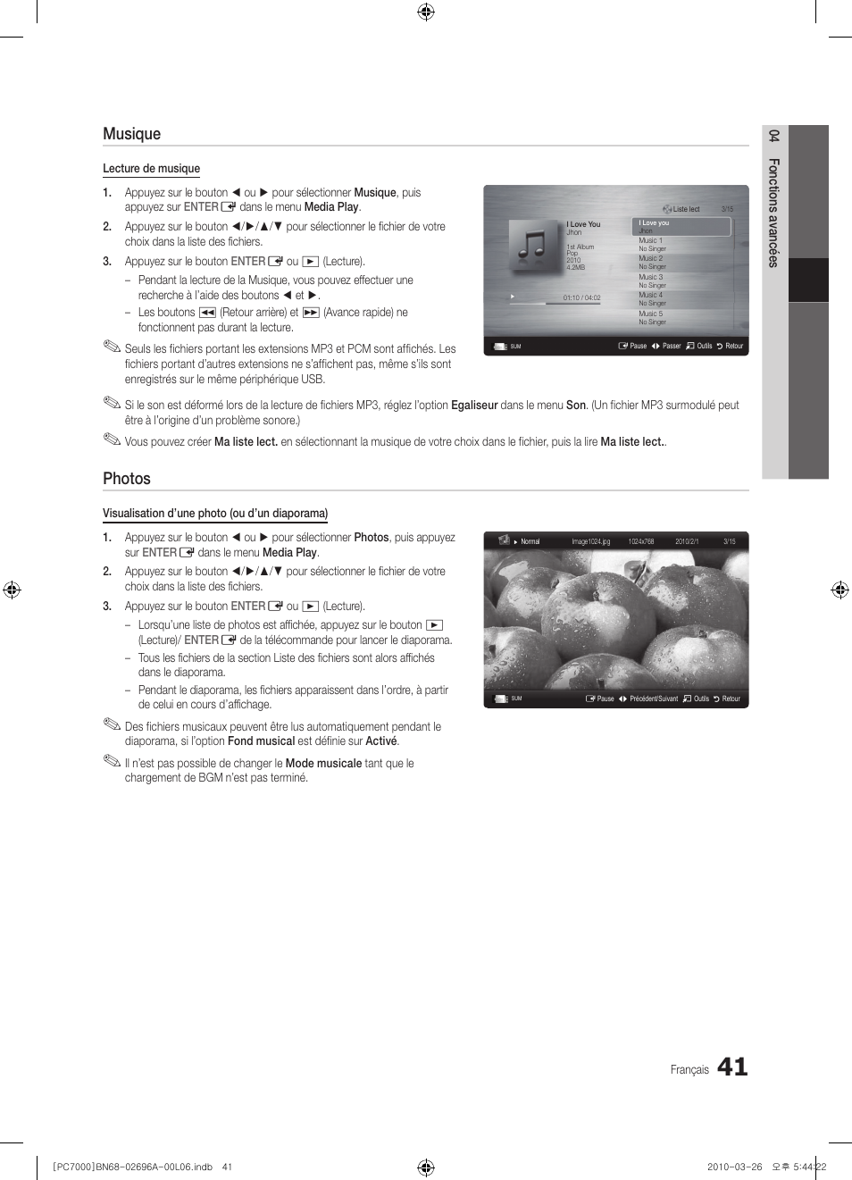 Musique, Photos | Samsung PS50C7000YW User Manual | Page 103 / 373
