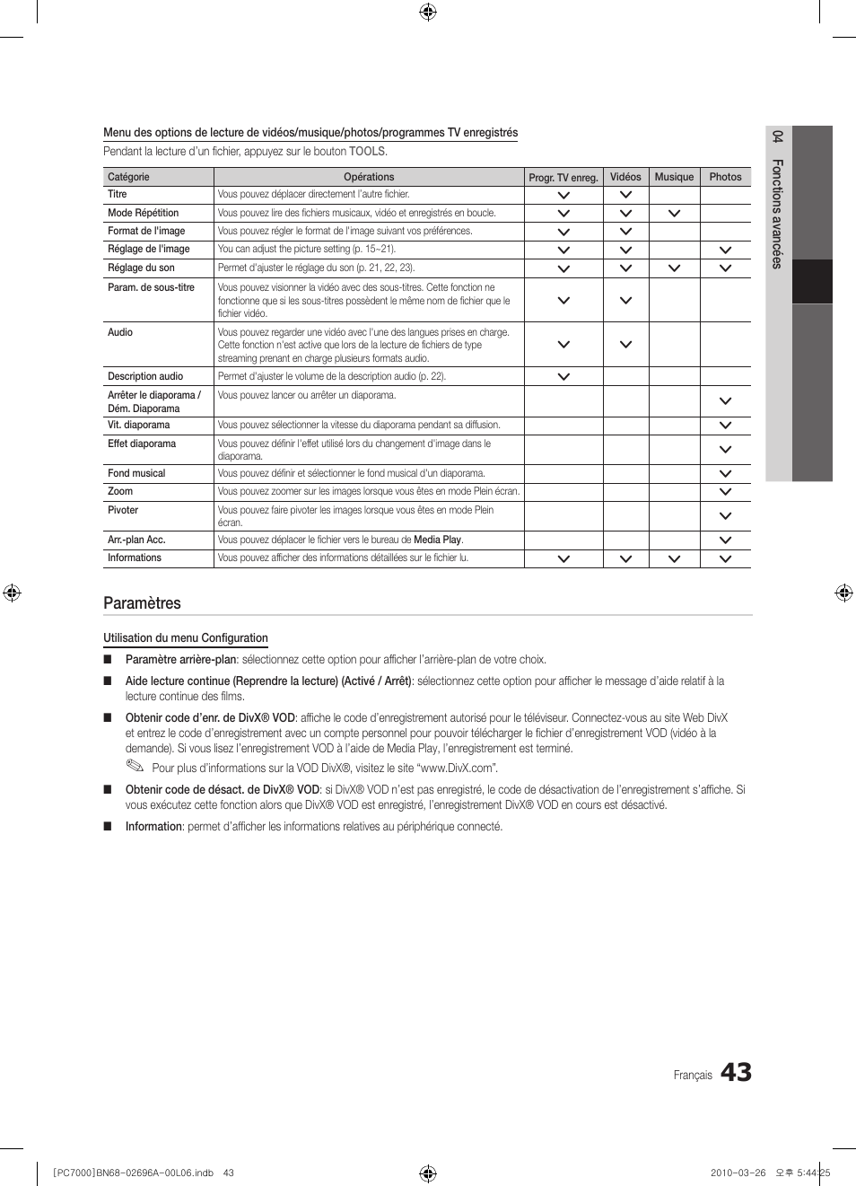 Paramètres | Samsung PS50C7000YW User Manual | Page 105 / 373