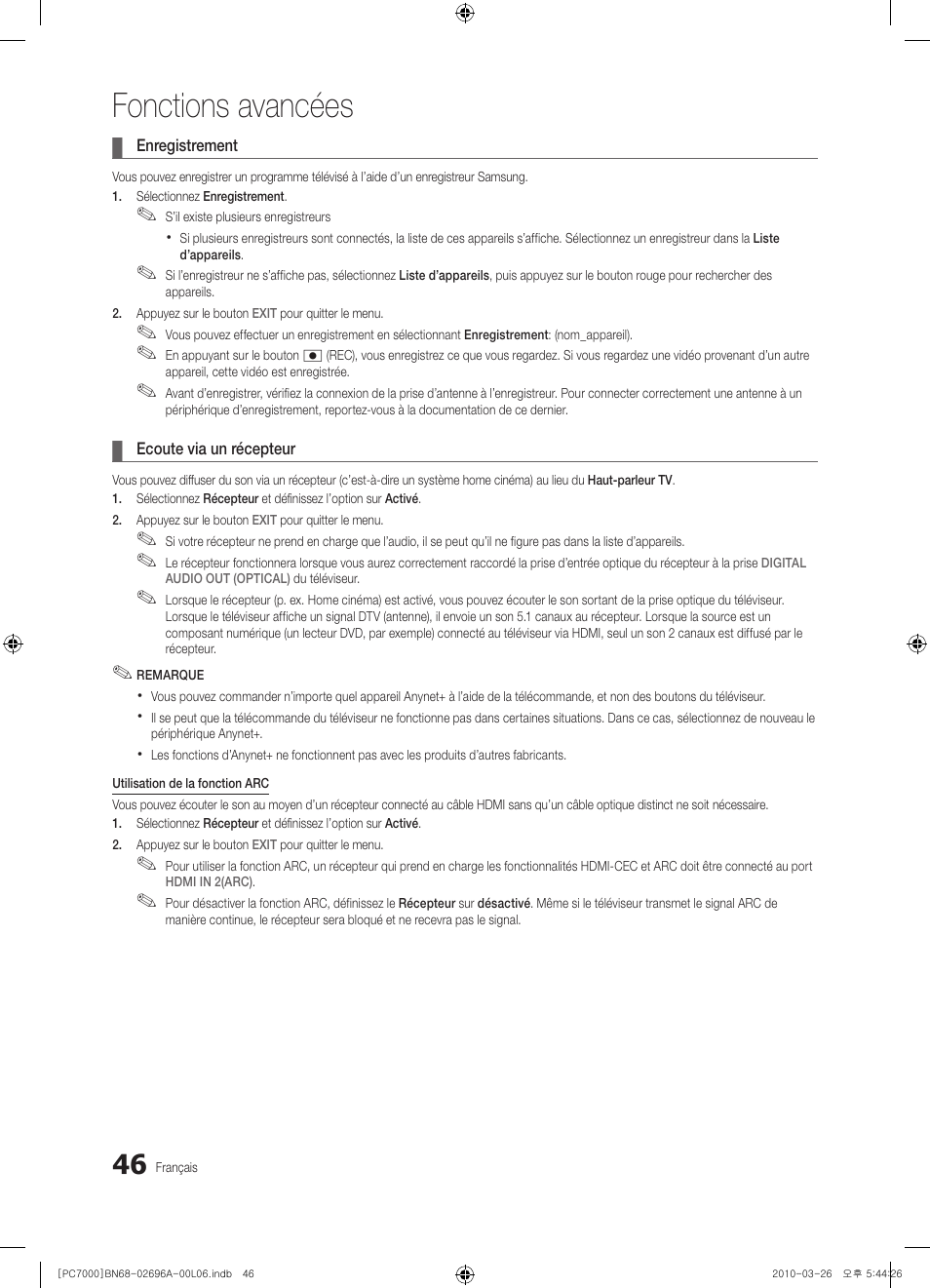 Fonctions avancées | Samsung PS50C7000YW User Manual | Page 108 / 373
