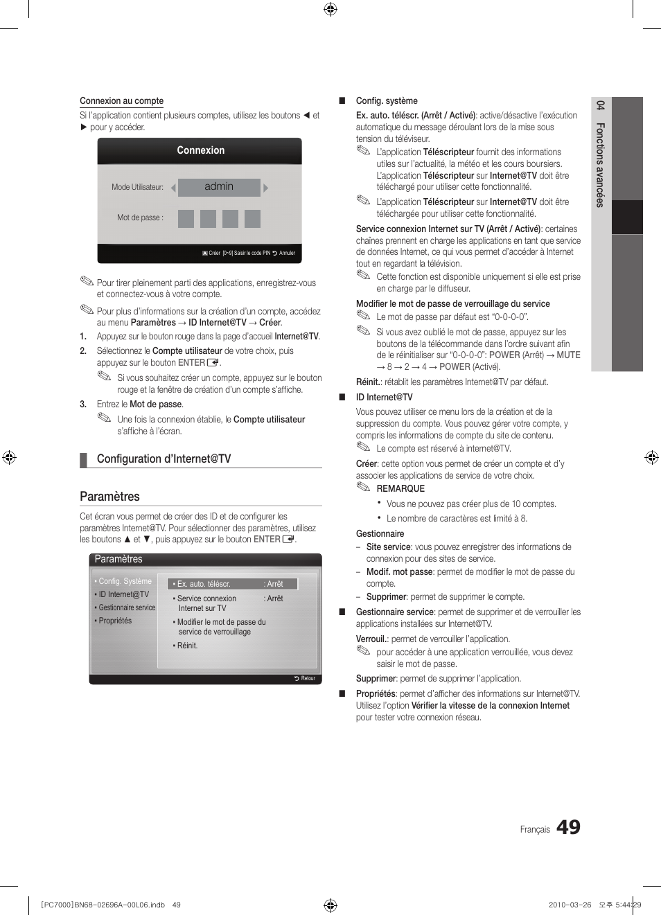 Paramètres | Samsung PS50C7000YW User Manual | Page 111 / 373