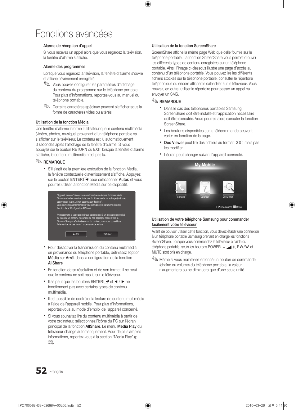 Fonctions avancées | Samsung PS50C7000YW User Manual | Page 114 / 373