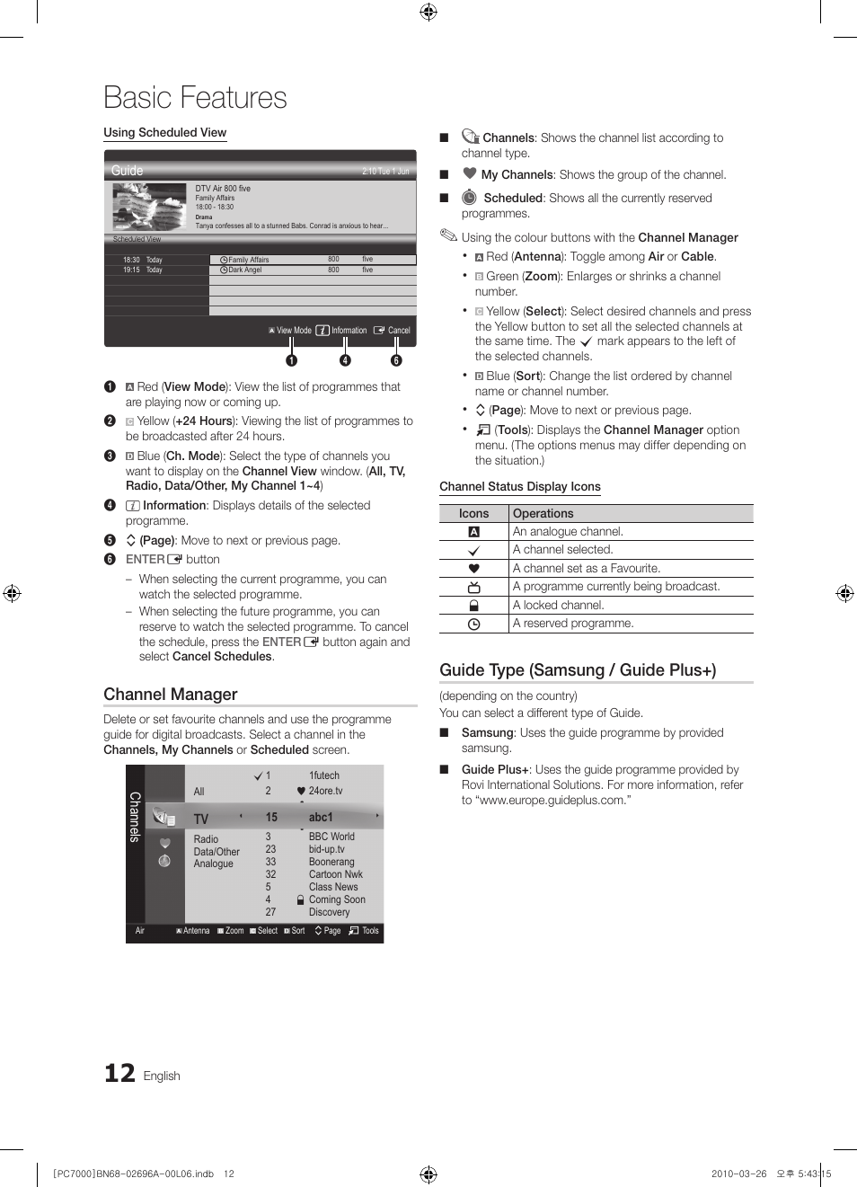 Basic features, Channel manager, Guide type (samsung / guide plus+) | Samsung PS50C7000YW User Manual | Page 12 / 373