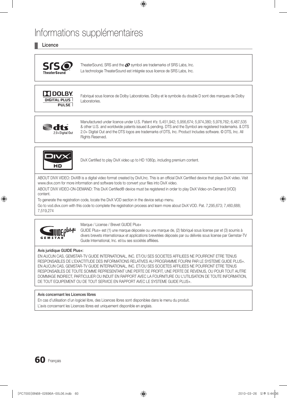 Informations supplémentaires | Samsung PS50C7000YW User Manual | Page 122 / 373