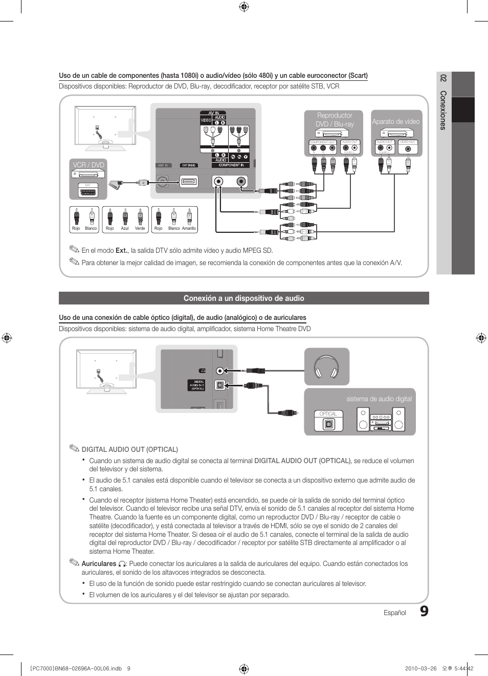 02 conexiones, Conexión a un dispositivo de audio | Samsung PS50C7000YW User Manual | Page 133 / 373